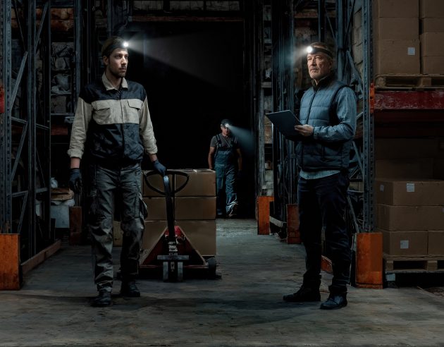 mannen met hoofdlamp in een magazijn
